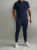 Chándales para hombre, traje de Color sólido, camiseta Polo de manga corta informal de verano, pantalones de pantorrilla para hombre, ropa de calle, chándal para hombre, conjunto de 2 piezas 230605