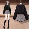 Calças femininas de duas peças de alta qualidade 2023 outono inverno conjunto agasalho feminino elegante beading tricô shorts roupas femininas