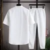 Mens Tracksuits Shirt trousers summer Chinese Style men shirt Cotton stripe shirts mens casual elastic waist size M5XL 230605