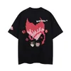 Streetwear T-shirts Heart Devil Print Round Neck Short Sleeve Loose Top for Men and Women