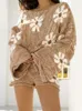 Women's Two Piece Pants Two Piece Sets Women Autumn Floral Long Sleeve Pullover Sweaters Top Shorts Casual Loose Knit 2Pcs Set Female 230606