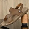 2023 été nouvelles sandales hommes peau de vache chaussures de plage décontractées en cuir véritable semelle épaisse anti-dérapant mâle chaussures à bout ouvert noir marron L230518