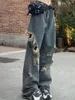 女子ジーンズブルーリッピングウーマンズボンスプリングルーズフェムファッションストリートウェアパンク面白いrajuku日本クールストレートガール