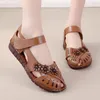 Sandals Summer Women's Breathable Flat Bottom Ethnic Style Leather Hollow Out Flower Mom's Shoes Sandalia De Mujer Verano