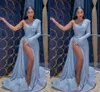 Sexy Reflectiv Baby Blue Mermaid Prom Dresses Lungo per le donne Una spalla con paillettes High Side Split Ruffles Abiti da sera formale Pa3205