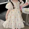 Girl Dresses Girls Princess Dress Summer Beige Elegant With Green Bow Kids Birthday Party Clothes 4-10 Years Old