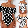 Damskie stroje kąpielowe seksowne na ramię One Piece Swimsuit Dots Drukuj stroje kąpielowe Kobiety Ruffle Monokini plus rozmiar S-4xl Swim Suit Otwarty kostium kąpielowy T230606