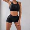 Active Sets Black Gym Suits Sports Fitness Set Tank Top Women Sexy Bra Spliced Mesh Hip Shorts Tracksuit Yoga Clothing