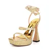 Sandaler Fashion Sexy Gold Waterproof Platform Women's Summer Sequins Square Head Foot Bare Strapping Super High Heel 45