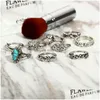 Band Rings 9 Pieces Set Of Personalized Lady Ring Retro Totem Elephant Turquoise Lotus Fish Tail Joint Pattern Casual Party Jewelry Dhpk2