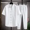 Mens Tracksuits Shirt trousers summer Chinese Style men shirt Cotton stripe shirts mens casual elastic waist size M5XL 230605