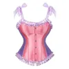 Bustiery gorsets kawaii ruffle satyna overbust gorset wierzchołek kobiet dziewczyna urocza cukierki kolor regulowane paski koronki w górę body shaper corselet top