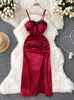 Vestidos Casuais Moda Natal Vermelho Dividido Longo Elegante Cintura Alta Remendo de Renda Faixa de Trabalho Vestido de Cetim Regata de Festa P230606