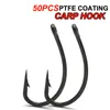 Ami da pesca 50pcs carpa rivestimento in PTFE acciaio inossidabile ad alto tenore di carbonio spinato per rig gancio con gambo curvo nero opaco 230606