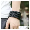 Bangle Weae Rows Braid Leather Cuff Mtilayer Wrap Button Adjustable Bracelet Wristand For Men Women Fashion Jewelry Black Drop Deliv Dhnbx