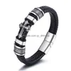 Charm Armbanden Leer Geweven Kruis Heren Armband Roestvrij Stalen Knop Hip Hop Polsband Bangle Manchet Mode-sieraden Gift Drop Deli Dh8H3