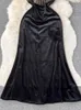 Robes Décontractées Ins Mode Femmes Princesse Noir Spaghetti Strap Élégant Dentelle Applique Travail Gothique Velours Longue Robe De Soirée Débardeur P230606