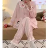 Women's Sleepwear Long Sleeved Women Pajamas Set Cotton Plaid Kawaii Girls Pyjama 2 Pieces Summer Autumn Loungewear Elegant Homewear