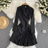 Casual Kleider Französisch Design Solide Anzug Kragen Kleid Plissee Herbst Winter Kerb Blazer Frauen Korea Business Büro Dame