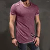 Ternos masculinos A1981 Mode Zomer Ripped Kleding Mannen Tee Gat Effen T-shirt Slim Past O Hals Korte Mouwen Spier Casual Jersey Tops Camisetas