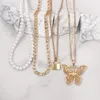 Chains Trendy Multi-layered Golden Butterfly Metal Chain Necklace For Women Chunky Lock Pendant Imitation Pearl Party Jewelry