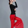 Women's Two Piece Pants #9816 Latin Dance Clothes Woman Sets Summer Long Sleeve Skinny T Shirt Ladies Black Trousers Wide Leg Femme Red