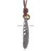 Pendant Necklaces Ancient Sier Feather Necklace Letter Id Ring Charm Adjustable Chain Leather For Women Men Punk Fashion Jewelry Gif Dhofs