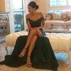 2023 Evening Gowns A-Line Hunter Green Chiffon High Split Cutout Side Slit Lace Top Sexy Off Shoulder Hot Formal Party Dress Prom Dresses