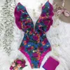 Swim Wear Sexy Ruffle Print Floral Swimsuit Off The Shoulder Swimwear Women Solid Deepv Beachwear Bathing Suit Monkini 230605