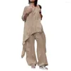 Women's Two Piece Pants 2pcs/set Women Wide-leg Shirts Set Solid Color Cotton Linen Two-Piece 3/4 Sleeves Pockets Wide Leg Trousers