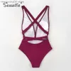 Kvinnors badkläder Seaselfie Sexig solid röd djup V-hals i ett stycke baddräkt Kvinnor Backless Lace Up Monokini 2023 Summer Beach Bathing Suit Badkläder T230606