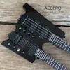 Black Color Double Neck Headless Electric Guitar 4 String Bass + 6 String Guitar Tremolo Bridge Black Hardware Free Shipping