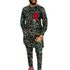 Men's Tracksuits African Print Men Sets Shirt Elastic Waist Pants Nigerian Fashion Tops With Red Breast Pocket Wedding Party Outfits