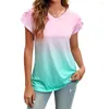 Damesblouses Dames Top V-hals Petal Sleeve Gradiënt Contrastkleur Ruimvallend Alledaagse kleding Halflang Dun Tie-dye Lady T-shirt Vrouwelijke kleding