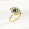 Anneaux De Bande Mode Zircon Cubique Turquie Yeux Ronds Anneau Classique Réglable Mauvais Oeil Bleu Ouvert Pour Les Femmes Engagement Bohême Bijoux Dhzxy