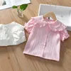 Completi di abbigliamento Summer Toddler Kids Girls Camicia bianca rosa Ruffle Manica corta Neonata Camicetta Camicie Bambini Cotone infantile Tops Tees 230605