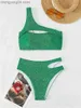 Roupa de banho feminina sexy um ombro biquíni feminino brilhante verde sólido corte push up duas peças maiô 2023 verão maiô cintura alta maiô t230606