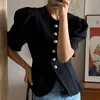 Bluzki damskie francuskie proste O Pearl Pearl Button żeńska talia szczupła koszulka puchania solidno -puchowego 2023 Summer koreańska elegancka kobieta