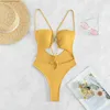 Dames Zwemkleding Eendelig Badpak 2023 Sexy Effen Geel Uitgesneden Push Up Badmode Vrouwen Strand Ruglooze Badpak Strandkleding String Monokini T230606