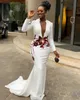 White Mermaid Sexy 2023 African Evening Dresses High Neck Long Sleeves Appliques Prom Dresses Deep V-neck Formal Party Gown