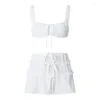 Arbetsklänningar Fairycore White Two-Piece Bh Topps kjol kostymer Summer Women Strappy Low Cut Bandeau Croped Vest Bandage Ruffled Mini