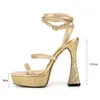 Sandals Fashion Sexy Gold Waterproof Platform Women's Summer Sequins Square Head Foot Bare Strapping Super High Heel 45