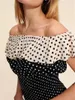 Dames Blouses 2023 Zomer Polka Dot Print Set Dames Slash Neck Korte mouw Gegolfde Trim Blouse Of A-lijn Kleur Patchwork Rok