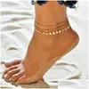Fußkettchen Goldmünzen Perlen Fußkettchen Kette Frauen Sommer Strand Mti Layer Wrap Fußketten Armband Modeschmuck Will und Sandy Geschenk Dro Dh5Ku