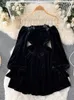 Robes décontractées mode coréenne princesse noir jupe courte épaule taille haute manches bouffantes robe gothique élégante fête Vestido P230606