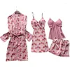 Vêtements de nuit pour femmes Foply 4 pièces ensemble de pyjamas dentelle tache femmes Pijamas fausse soie pyjamas imprimer robe de chambre Robe d'été avec coussinets de poitrine