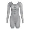 2023 Summer Rompers Women Jumpsuit Sexig perspektiv Lace bodysuit långärmad ihålig ut med hög midja bodycon yogakorts jumpsuits för kvinnor