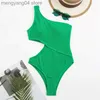 Women's Swimwear 2023 New One Shoulder Women's Swimsuit One Piece Cut Out Sexy Swimwear Women Textured Monokini Solid Bathing Suit Beach Wear T230606