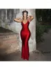 Casual Dresses 2023 Summer Dinner Party Club Red Spaghetti Strap Maxi Fishtail Dress Women's Sexy Sleeves Open Back Pleated Slim Fit