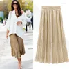 Skirts TingYiLi Shiny Metallic Pleated Womens Autumn Winter High Waist Long Skirt Green Pink Gold Silver Female